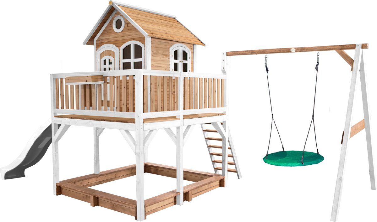   Classic Liam Speelhuis met Summer Nestschommel Bruin/wit - Witte Glijbaan