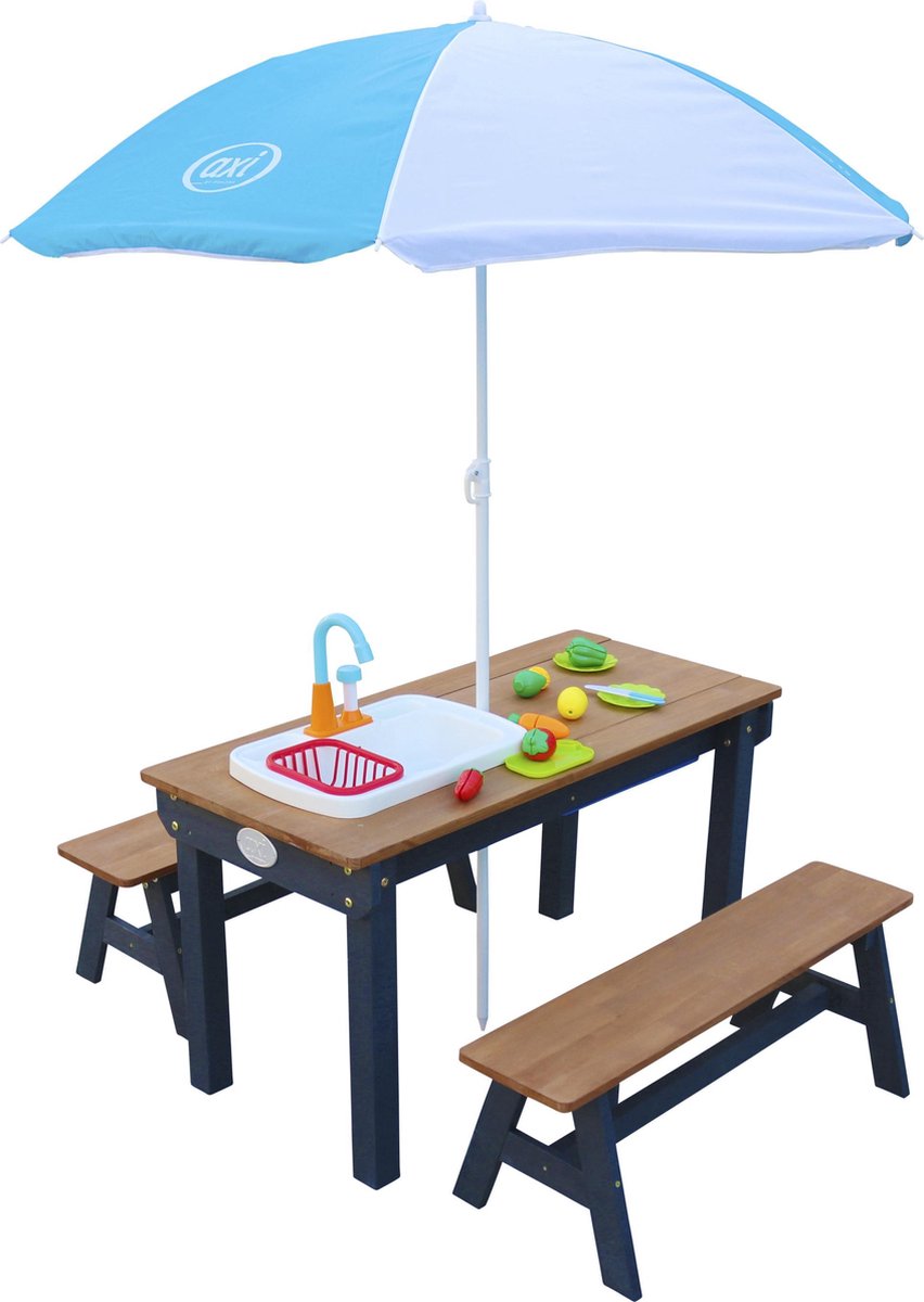   Dennis Zand & Water Picknicktafel met Speelkeuken wastafel en losse bankjes Antraciet/bruin - Parasol Blauw/wit - Incl. 17-delige accessoire-set