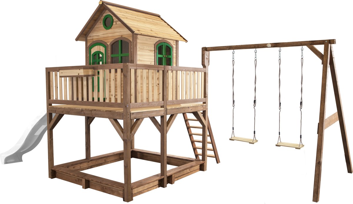  Liam Speelhuis met Dubbele Schommel Bruin/groen - FSC - Zandbak incl. hoes - Witte Glijbaan