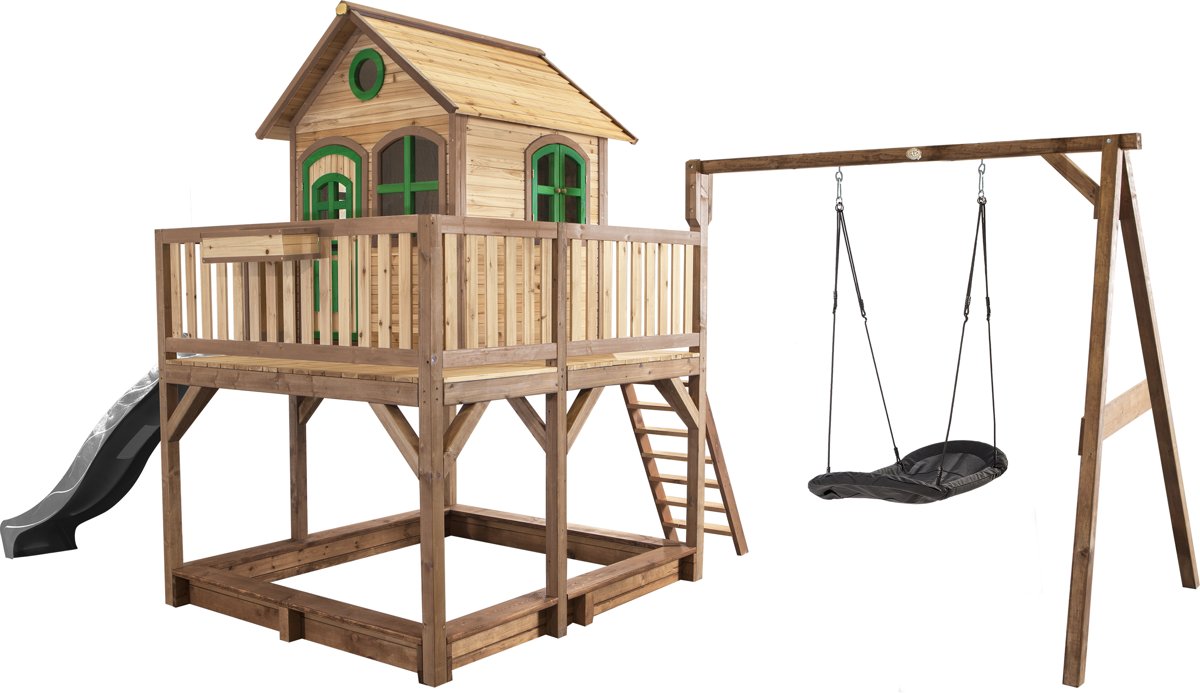   Liam Speelhuis met Roxy Nestschommel Bruin/groen - Zandbak incl. hoes - Grijze Glijbaan