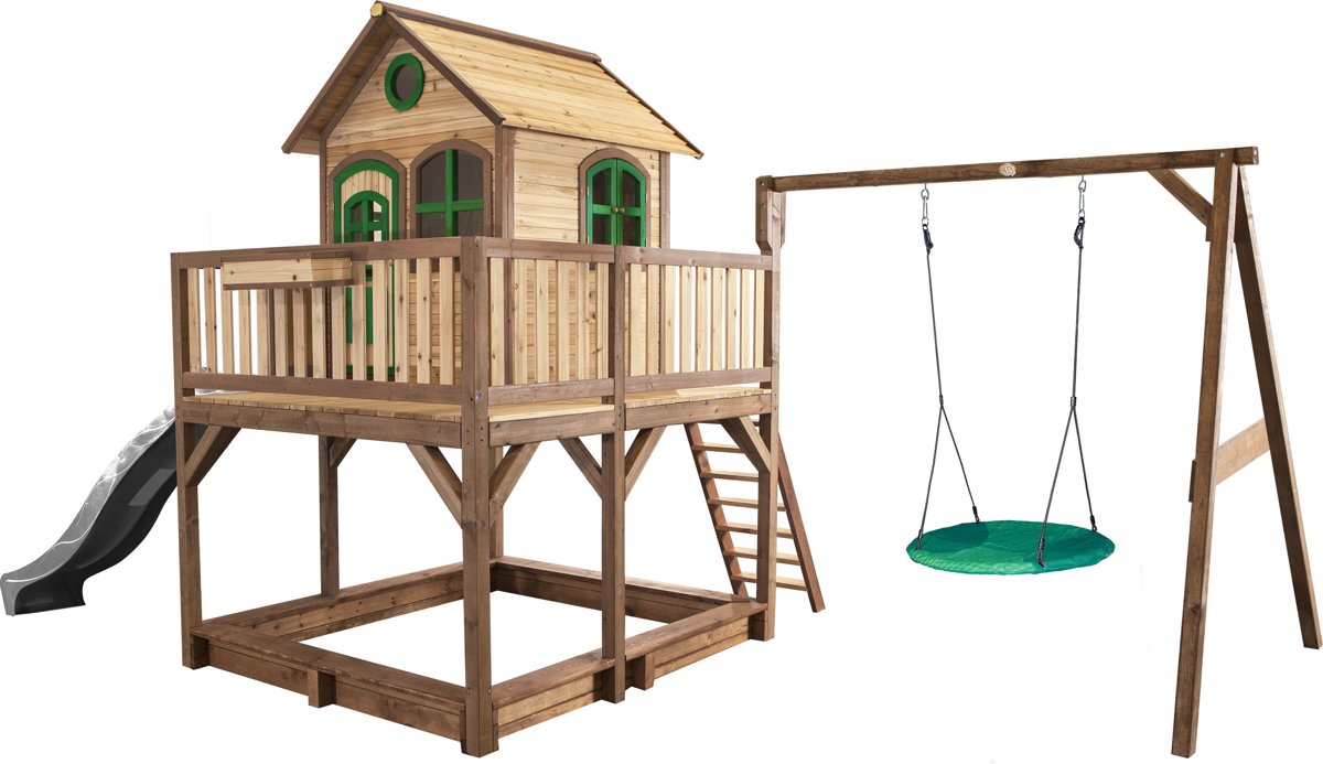   Liam Speelhuis met Summer Nestschommel Bruin/groen - Zandbak incl. hoes - Grijze Glijbaan