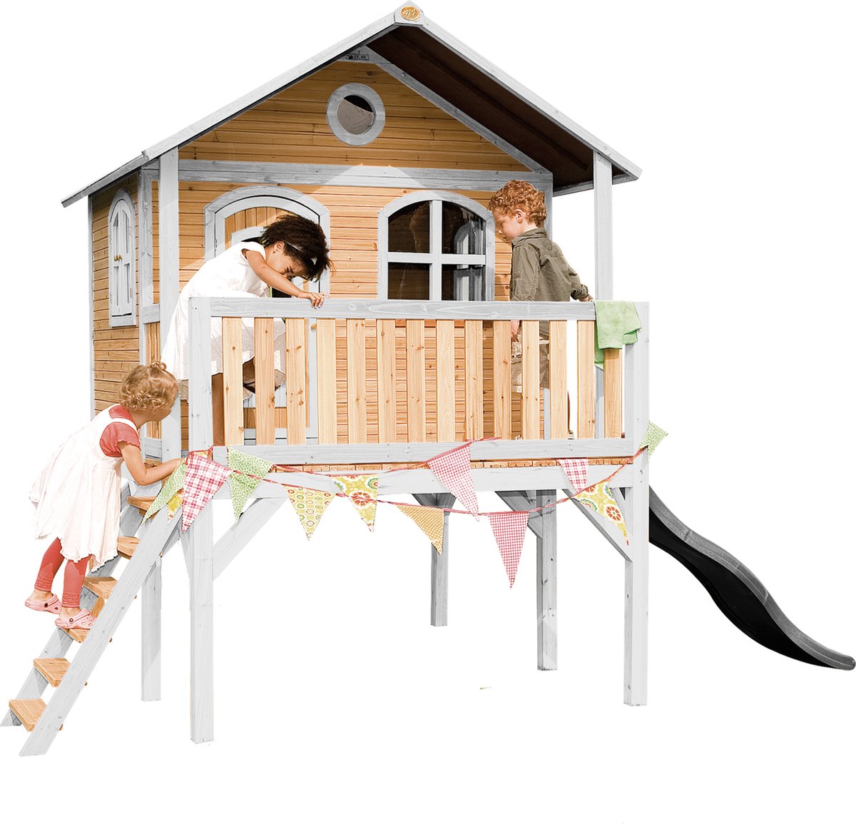   Sophie   Bruin/wit - Grijze Glijbaan – Classic speelhuisje met verdieping en ladder – FSC hout - Speeltoestel voor kinderen