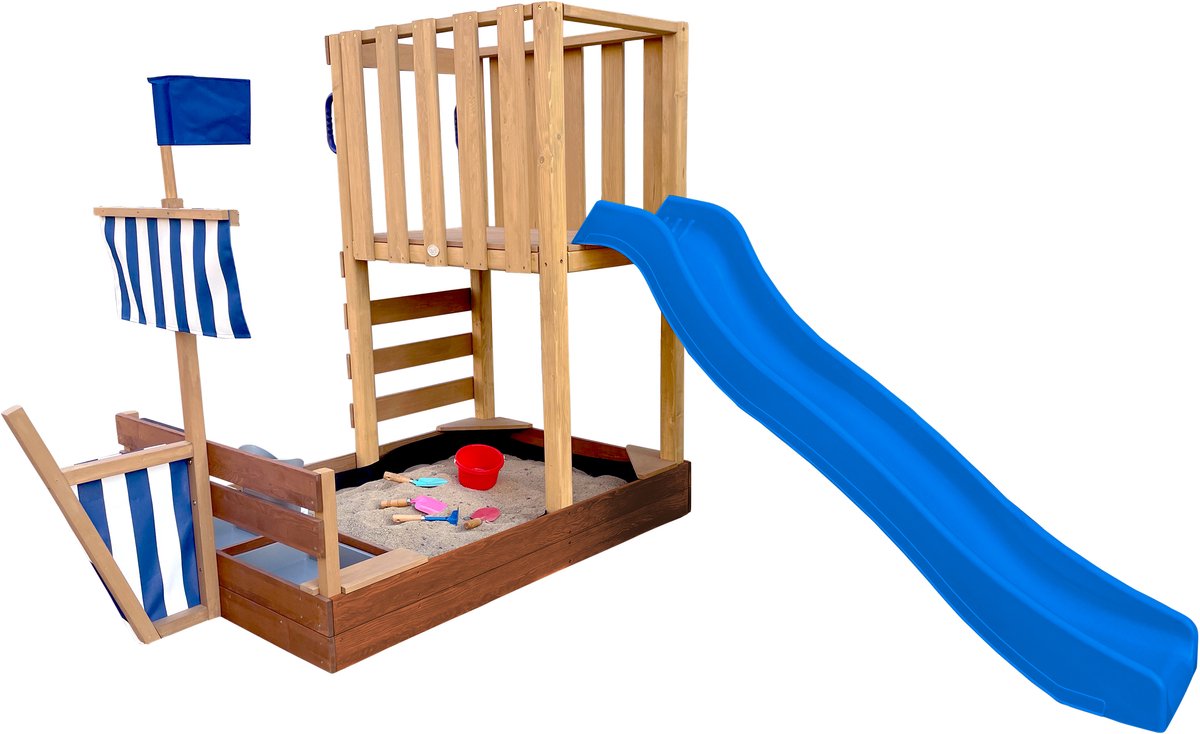 AXI Vicky Speeltoren Vikingboot Bruin met Zandbak en Speelkeuken – Blauwe Glijbaan – Met Krijtbord – FSC hout – Met vlag en zeilen – Speeltoestel voor kinderen