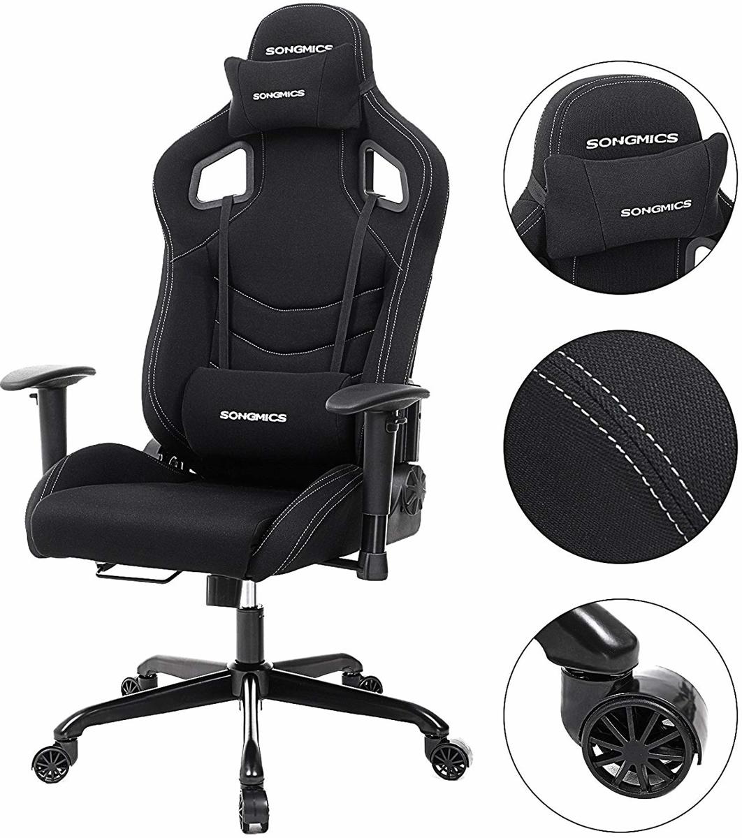 Game Stoel – Gaming Chair – Verstelbare Kussens – Wijde rugleuning - Zwart met Witte Naad