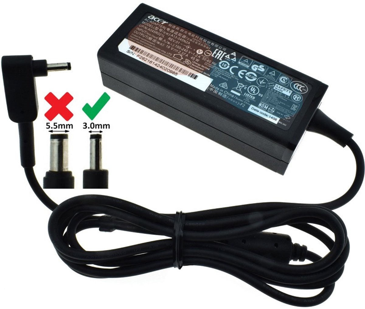 Acer 45W Laptop Adapter 19V 2.37A 3.0mm Ronde PIN Origineel