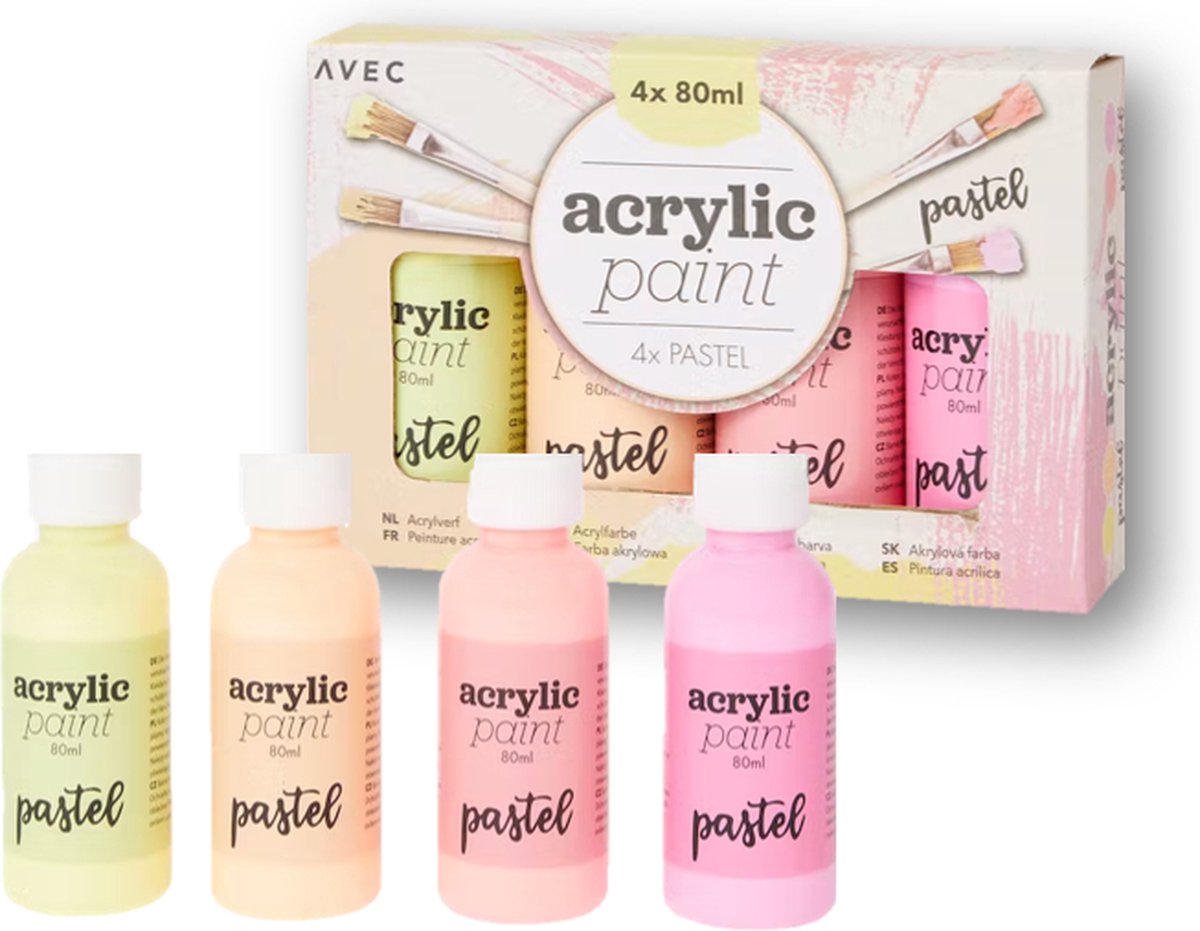 Acrylverf - Acrylverf set - 4x Pastel kleuren - Acrylic paint - Verven - Schilderen - Art - Pastel kleuren - Hobbyverf - 4x80ml - Geel/ Licht Roze/ Oranje/ Roze.