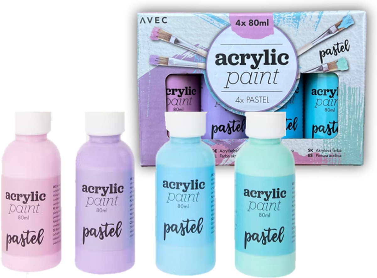 Acrylverf - Acrylverf set - 4x Pastel kleuren - Acrylic paint - Verven - Schilderen - Art - Pastel kleuren - Hobbyverf - 4x80ml - Roze/ Paars/ Blauw/ Groen.