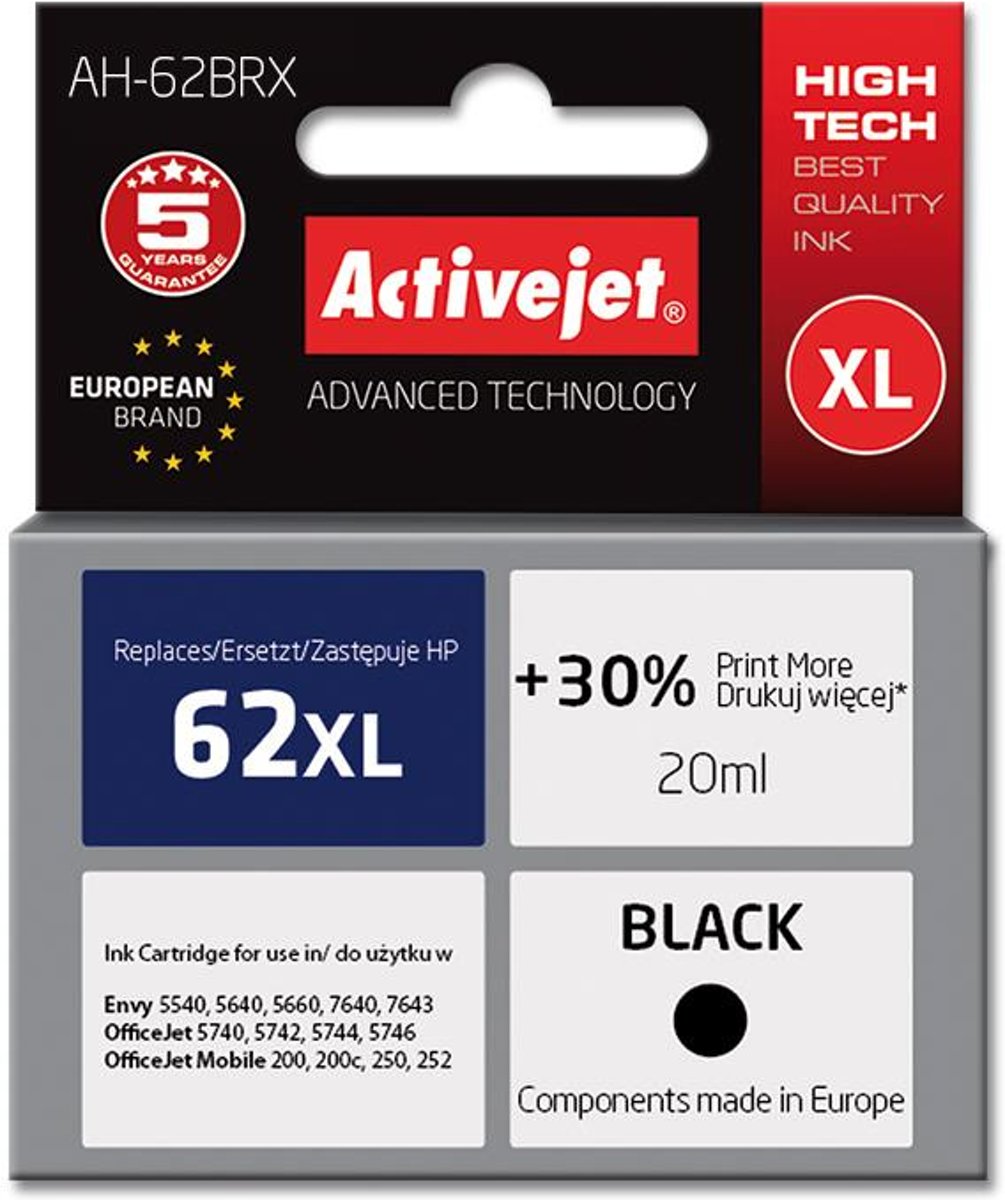 Activejet Inktcartridge / Alternatief voor  HP nr 62  C2P05AE Zwart