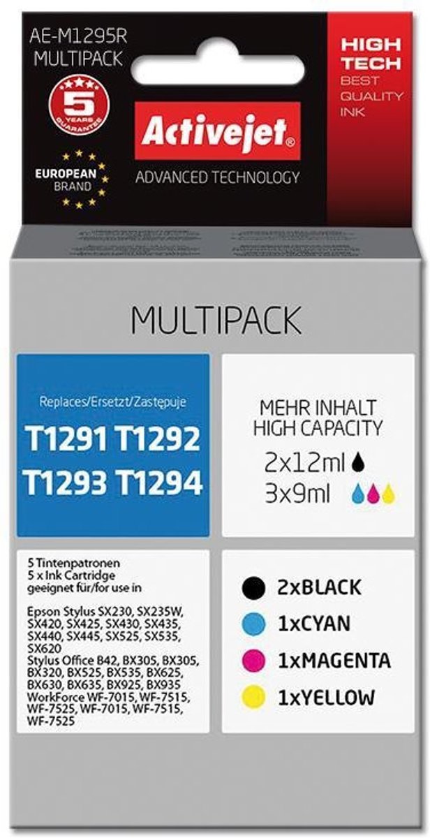 Activejet Inktcartridge Alternatief voor Epson 2x T1291 zwart 1x T1292 cyaan 1x T1293 magenta 1x T1294 geel = T1295 multi pack + zwart