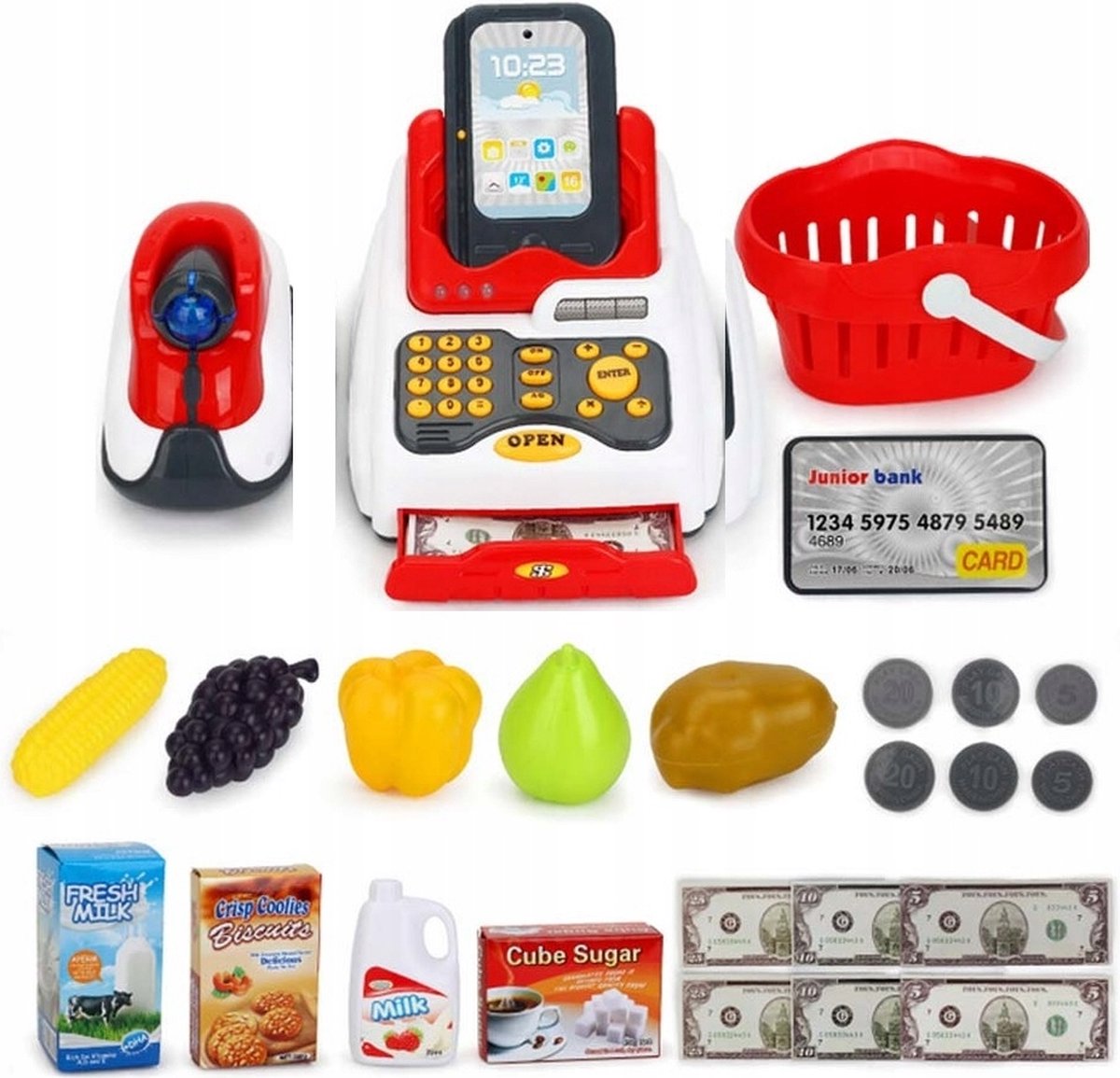 Kassa - Speelgoedkassa - Supermarket - Met Boodschappen - Winkel kinderen - TOUCH TOEVOEGINGEN  + KIT CONTANT GELD + ACCESSOIRES + GELUID