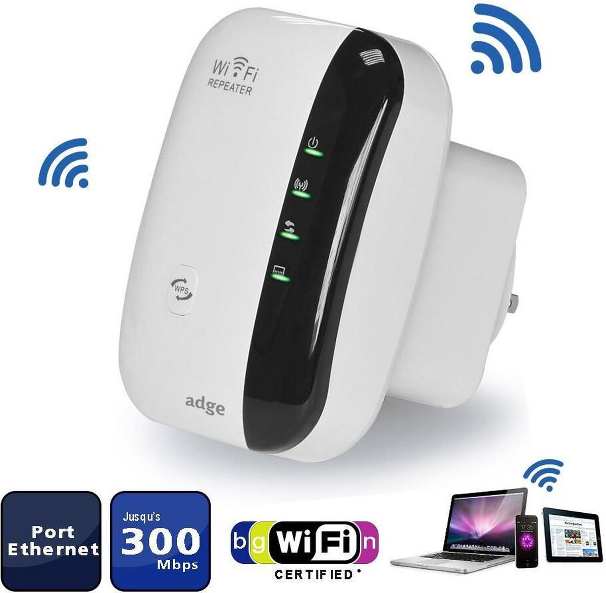 Adge - Wireless WiFi Versterker Stopcontact + Inclusief GRATIS Internetkabel - Wifi Signaalversterker - Ethernet - Wireless Range Extender- 300 mbps - 2.4 Ghz – Wit