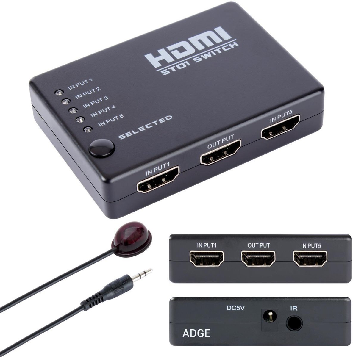 HDMI Switch - HDMI 5 in 1 Splitter (2019) + Inclusief Afstandsbediening - 1080p Full HD - Indicatie LED - Zwart - Full HD/4K Ultra - Adge®