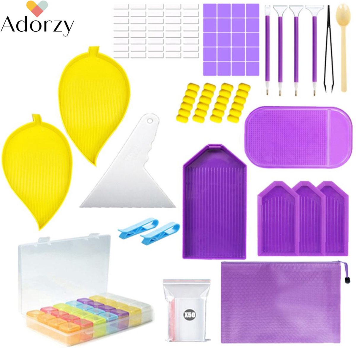 Adorzy Diamond Painting Accessoires Set – Volledig Pakket met Diamond Painting Opbergdoos – Schudbakjes – Wax – Diamond Painting Pennen – Antislip matje - Diamond Painting pakket volledig – Diamond Painting Tools