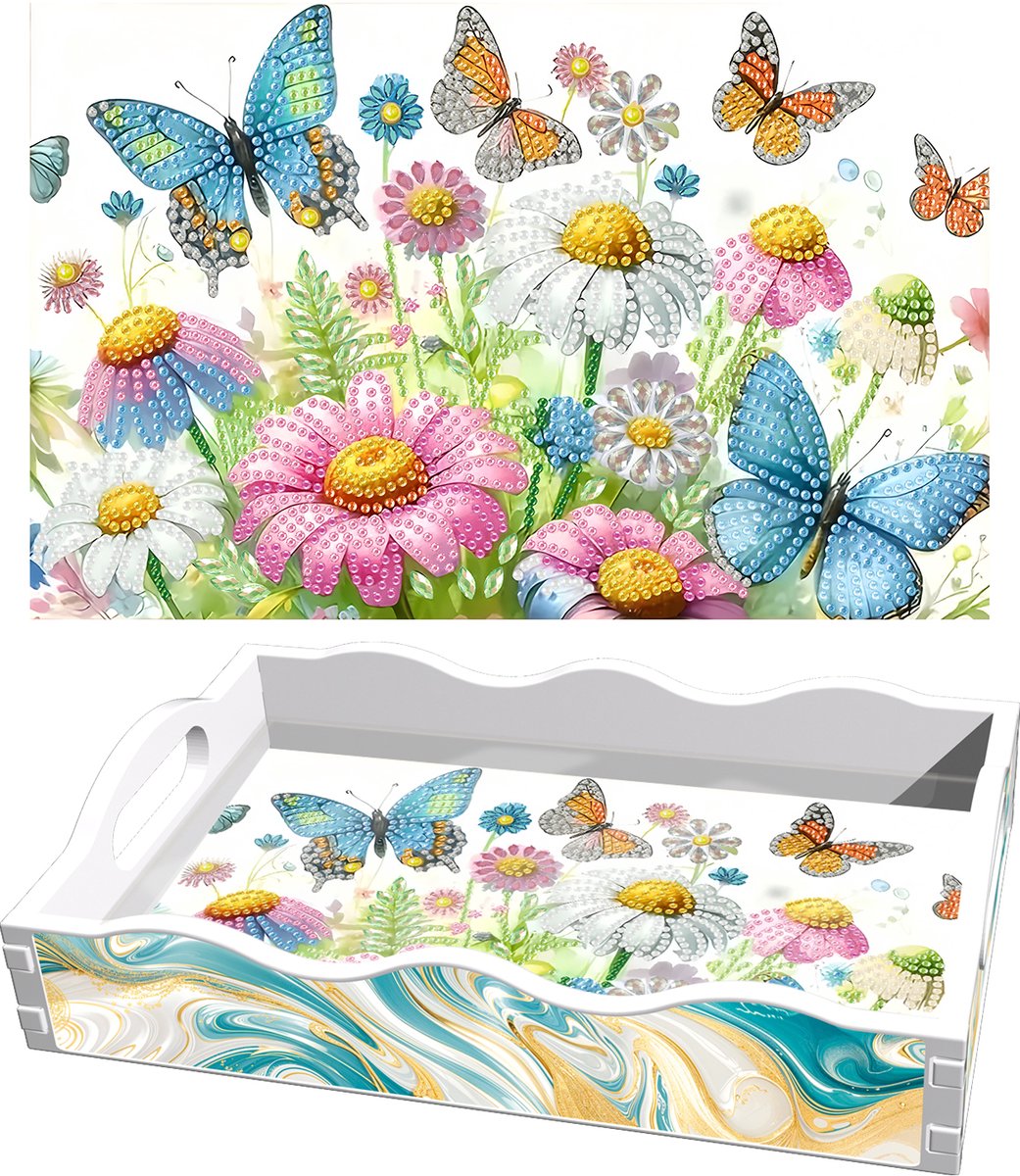 Adorzy Diamond Painting Dienblad Bloemen Met Vlinders – Diamond Painting Volwassenen – Diamond Painting Volledig Pakket - DIY Pakket