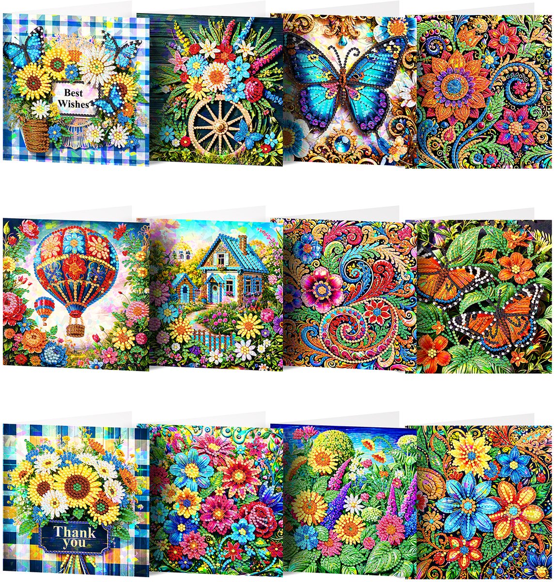 Adorzy Diamond Painting Kaarten – 12 Wenskaarten met envelop - Diamond Painting Volwassenen – Diamond Painting Volledig Pakket