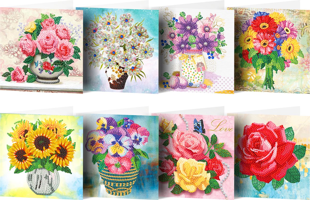 Adorzy Diamond Painting Kaarten – 8 Wenskaarten met envelop - Diamond Painting Volwassenen – Diamond Painting Volledig Pakket - Bloemen