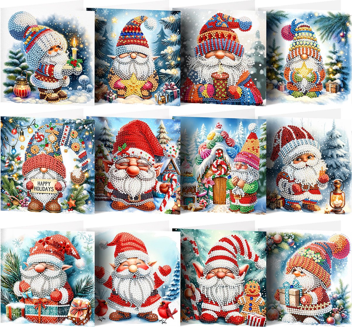 Adorzy Diamond Painting Kerstkaarten – 12 stuks - 15x15 cm - Diamond Painting pakket volledig – Diamond Painting Volwassenen
