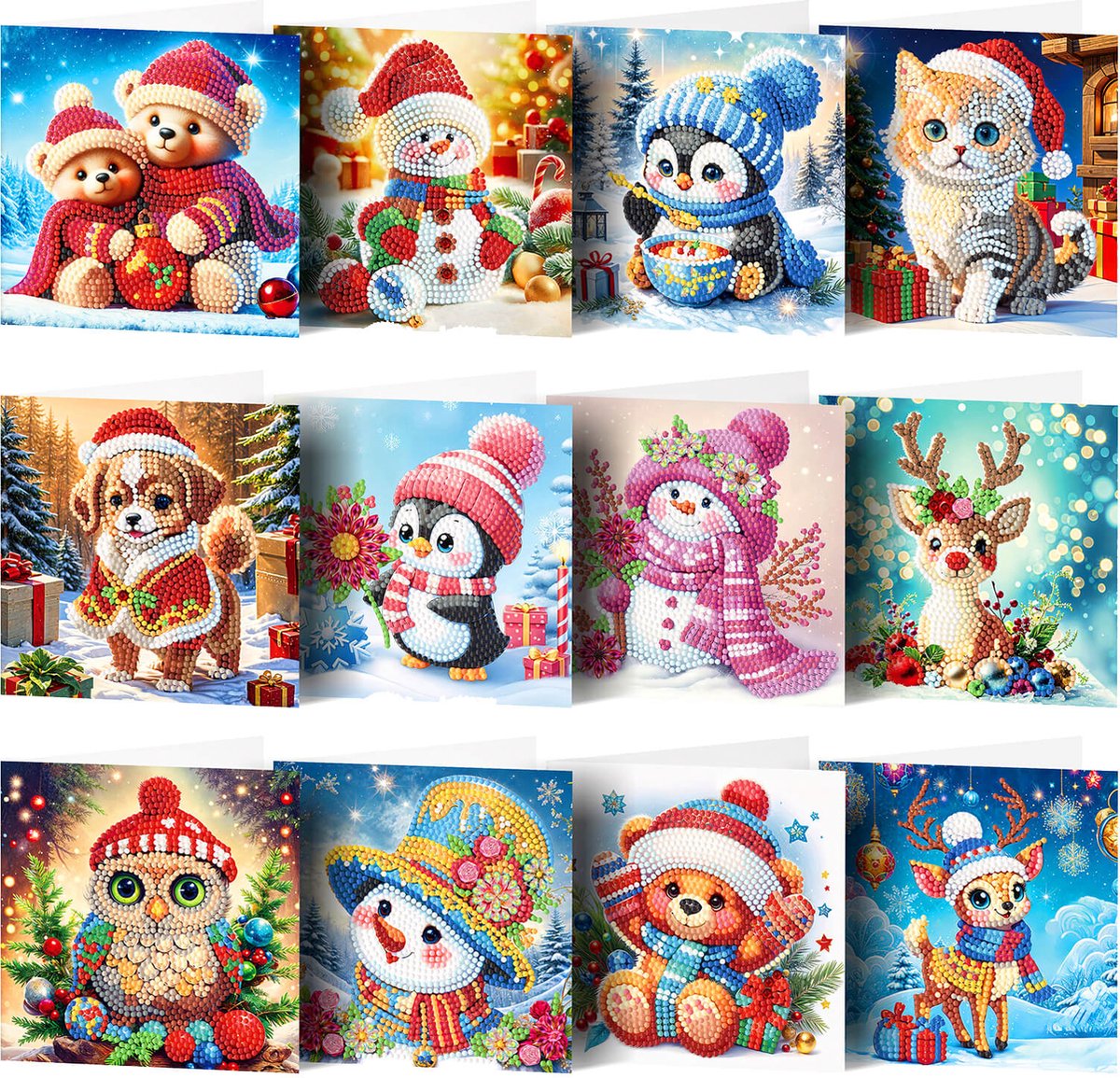 Adorzy Diamond Painting Kerstkaarten – 12 stuks - 15x15 cm - Diamond Painting pakket volledig – Diamond Painting Volwassenen
