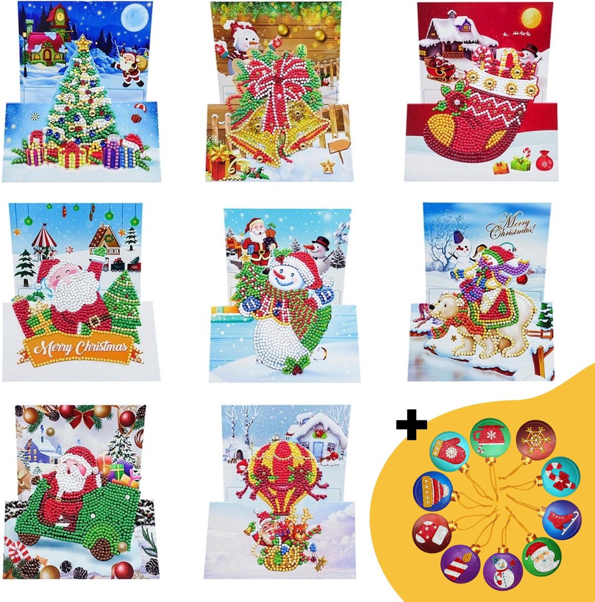 Adorzy® Diamond Painting Kerstkaarten – 3D kaarten - 8 stuks - 15x15 cm – Met 10 Kerstballen - Diamond Painting pakket volledig – Voor volwassenen en kinderen