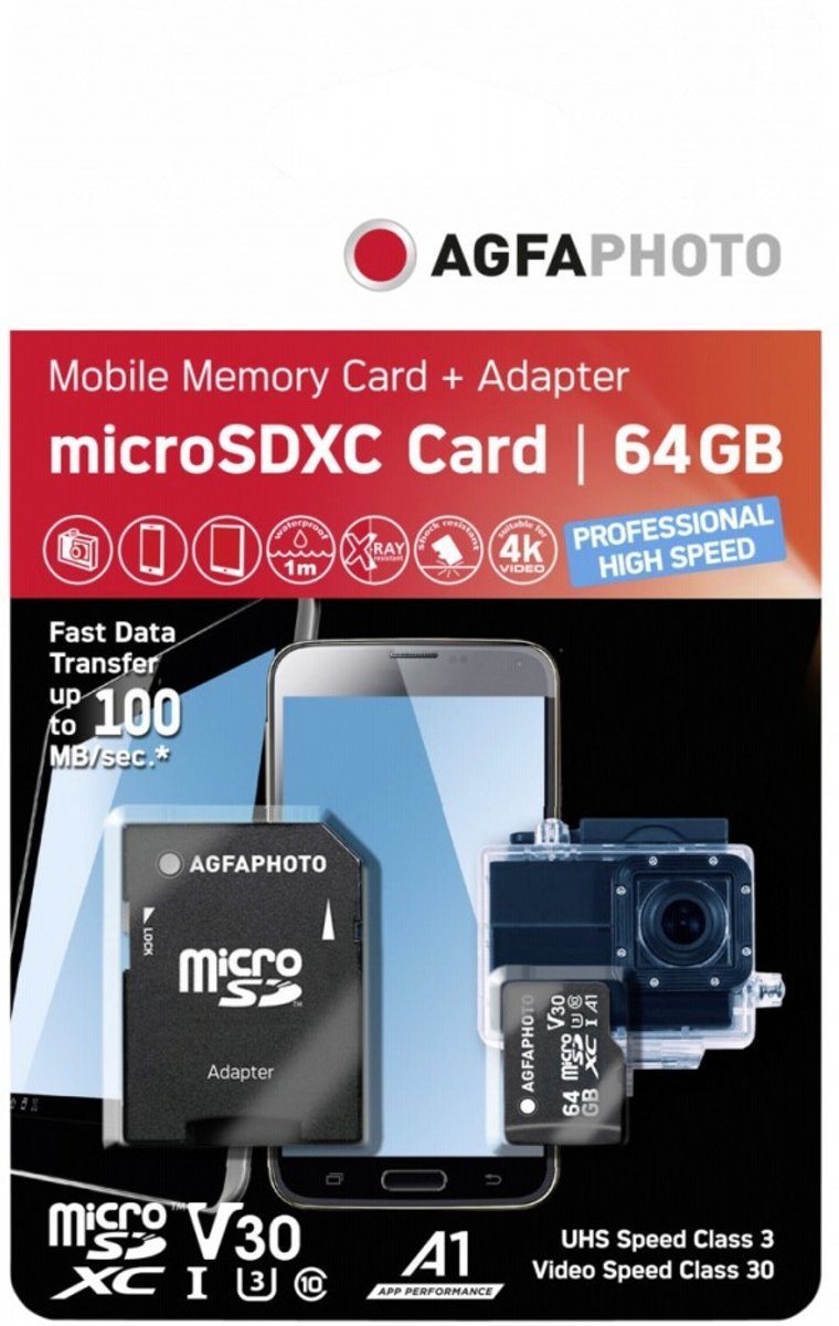 AgfaPhoto MicroSDXC UHS-I 64GB High Speed C 10 U3 V30 + adapter