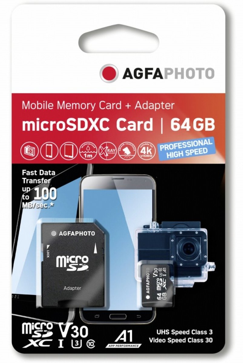 AgfaPhoto MicroSDXC UHS I 64GB Prof. High Speed U3 V30 A1