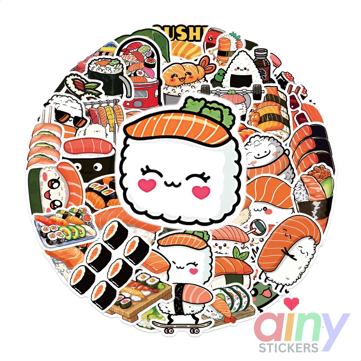 Ainy - Sushi Stickers 50 stuks voor bullet journal, fotoalbum, laptop, telefoon, waterfles en zelfs als muursticker of geschenksticker. Geschikt voor kinderen en volwassenen
