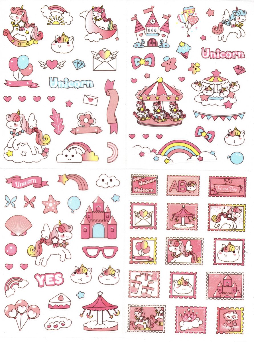 Ainy Kawaii Stickers Unicorn - set van 4 stickervellen om je schoolspullen, bullet journal, fotoalbum laptop, telefoon, en waterfles persoonlijk te maken - geschenkstickers - schattig voor jong en oud