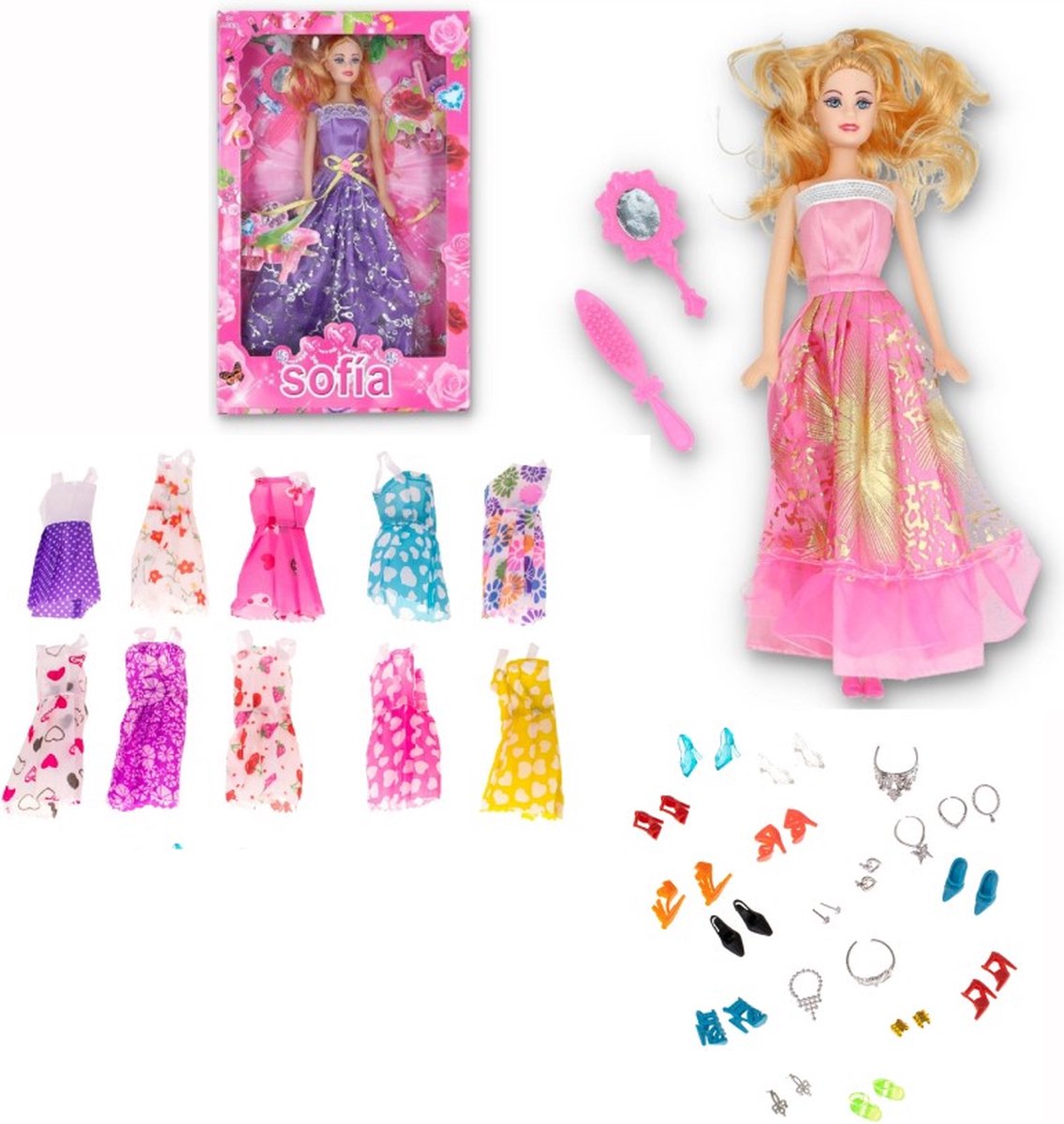 Mode Pop + 43 Kleertjes & Accessoires - Kleding voor Modepoppen + Accessoires 43 Elementen - Barbie Kleding Set - Modepop - Poppenkleding - Kleertjes - Poppenkleertjes - Barbie Accessoires - Geschikt Voor Barbie Poppen - 10 Complete Outfits