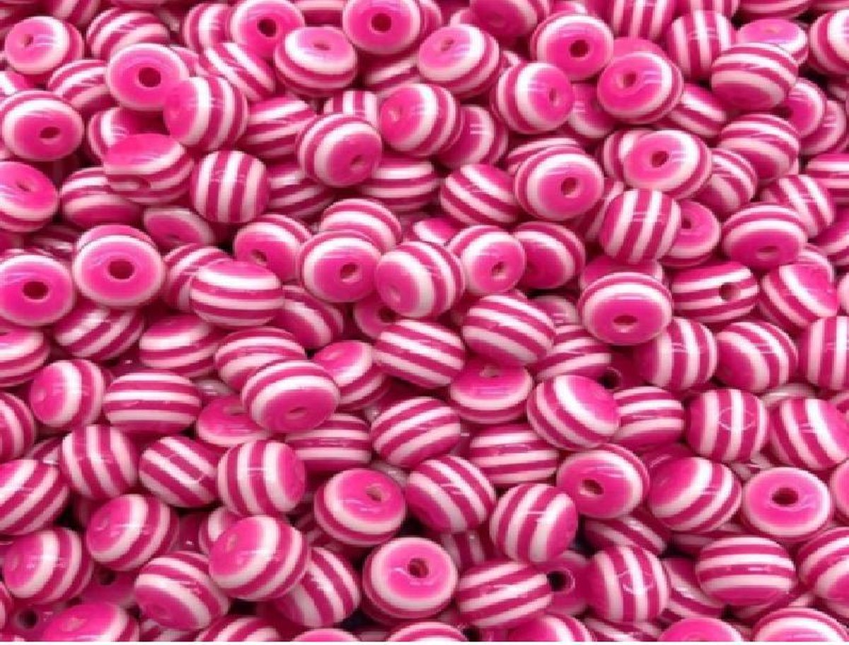 50x Kralen Rond Donker Roze / Wit Gestreept - 8 mm