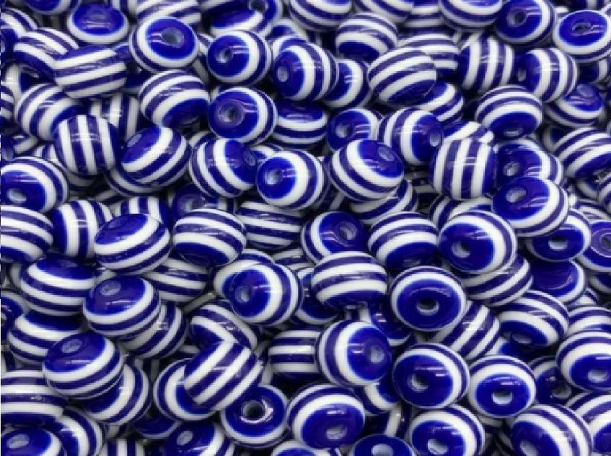 50x Kralen Rond Donker blauw / Wit Gestreept - 8 mm