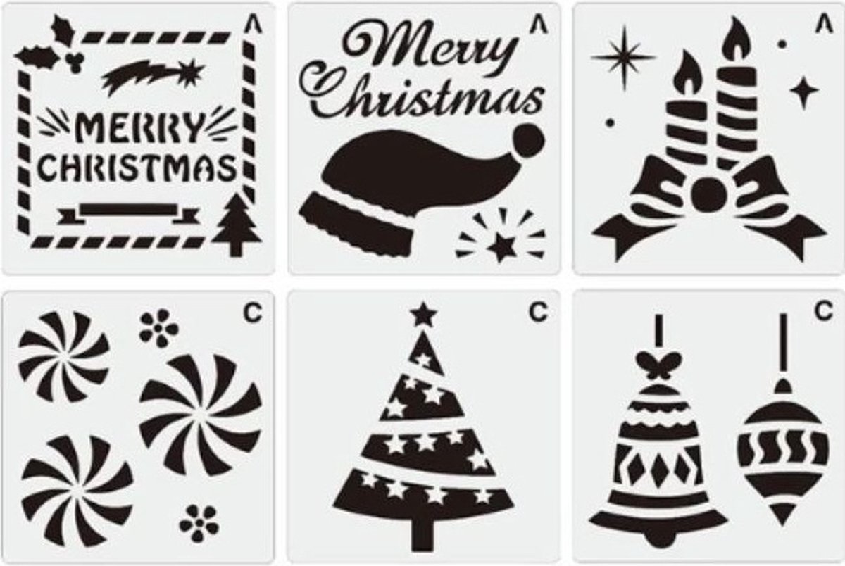 Tekensjablonen - 6 stuks -  kerst - knutselen - feestdagen - sjablonen - sjablonen kerst - merry christmas - kerstversiering - kerst stencils - kerstman - kerst decoratie - sneeuwpop - raam versiering - raam decoratie kerst