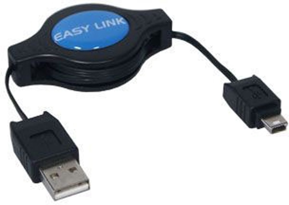 Alcasa USB A - USB mini A, m - m, 0.8m 0.8m USB A Mini-USB B Mannelijk Vrouwelijk Zwart, Metallic USB-kabel