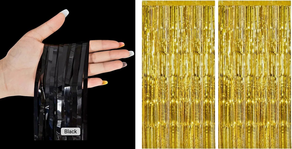 2 x Glittergordijn/ Goud + Zwart/ 100x200cm x Stuk/ Gold & Black Set/ Feestje Muur Gordijnen /Foil Fringe curtain/Foto Zone/Feest Versiering/ Deurgordijn/ Party Decoratie / Feestartikele/ Festival/ Carnaval/ Huwelijk/ Halloween/ Nieuwe Jaar/ Diwali…