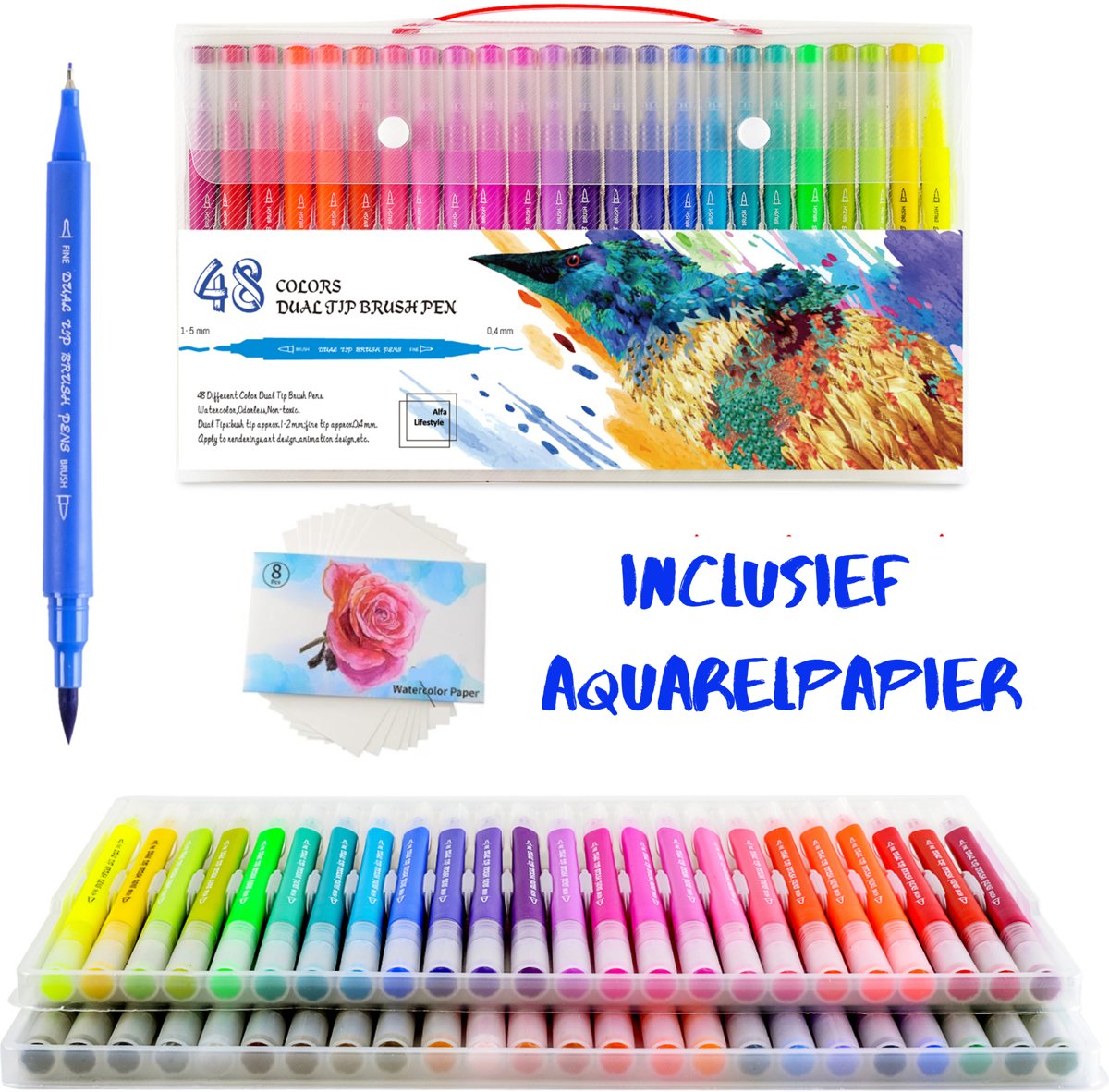 48 Stuks  seelstiften Brush Set met Aquarel Papier - Double Tip Water Brush   - Ideaal Geschenk - Fineliners en Brushlettering - Handlettering Kalligraferen Aquarellen