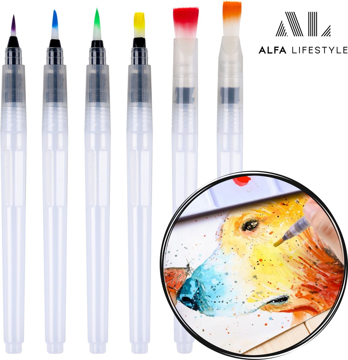 Set 6 St. Water Brush   (3 Punt + 3 Plat) - Hervulbaar  seel