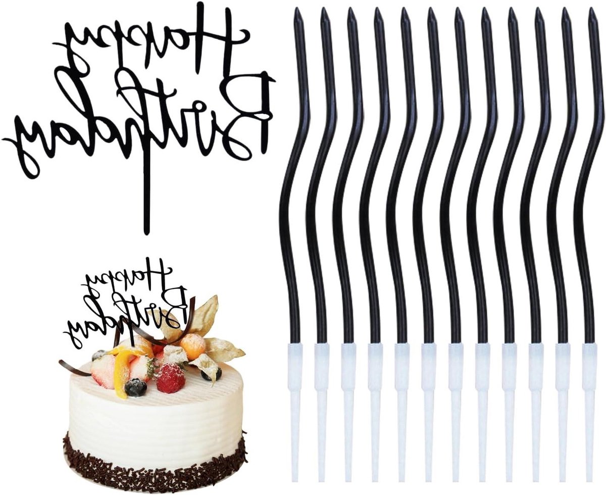   - 12 gebogen kaarsen en 1 taartinzetstuk - Taartdecoraties voor verjaardag - Feestelijke kaarsen assortiment