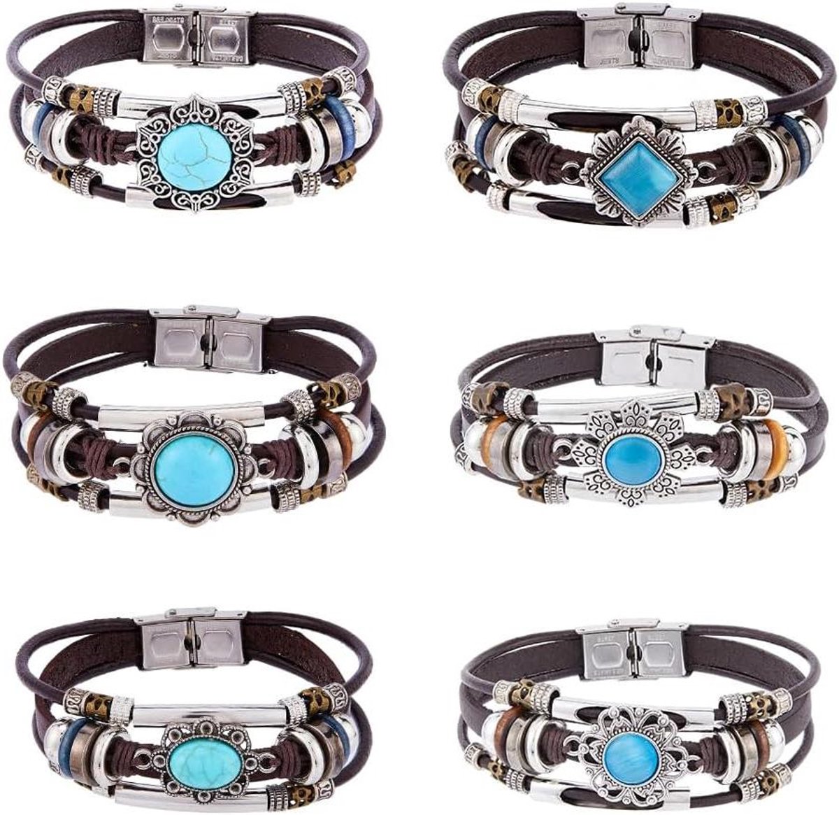   - Armbanden Set met Koeienhuid Touw, Synthetische Turquoise Kralen en Roestvrij Staal voor Vrouwen - 6 Stuks