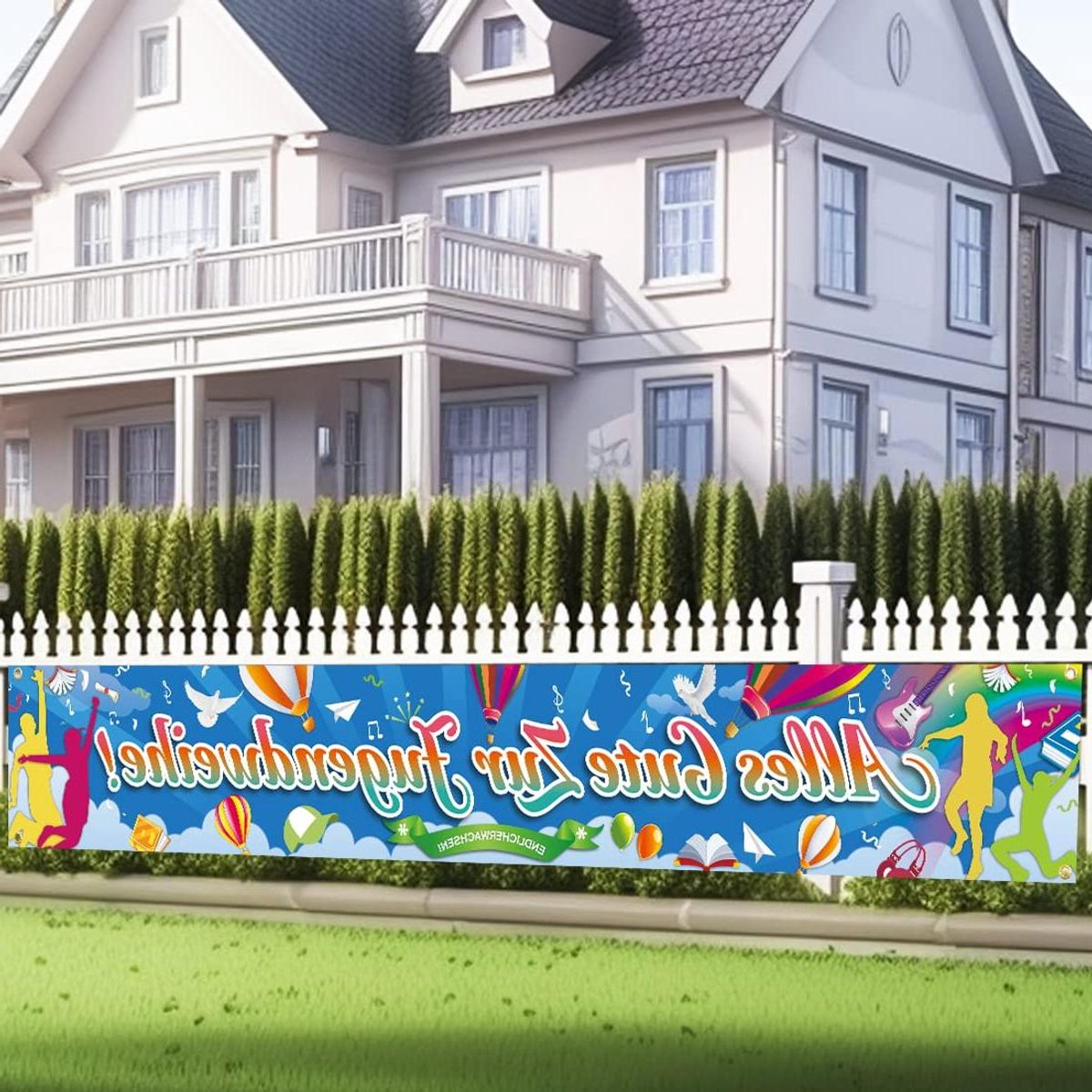   - Banner decoratie jeugdwijding, tuindecoratie voor jongens en meisjes, kleurrijk, eindelijk volwassen, 270 x 40 cm.