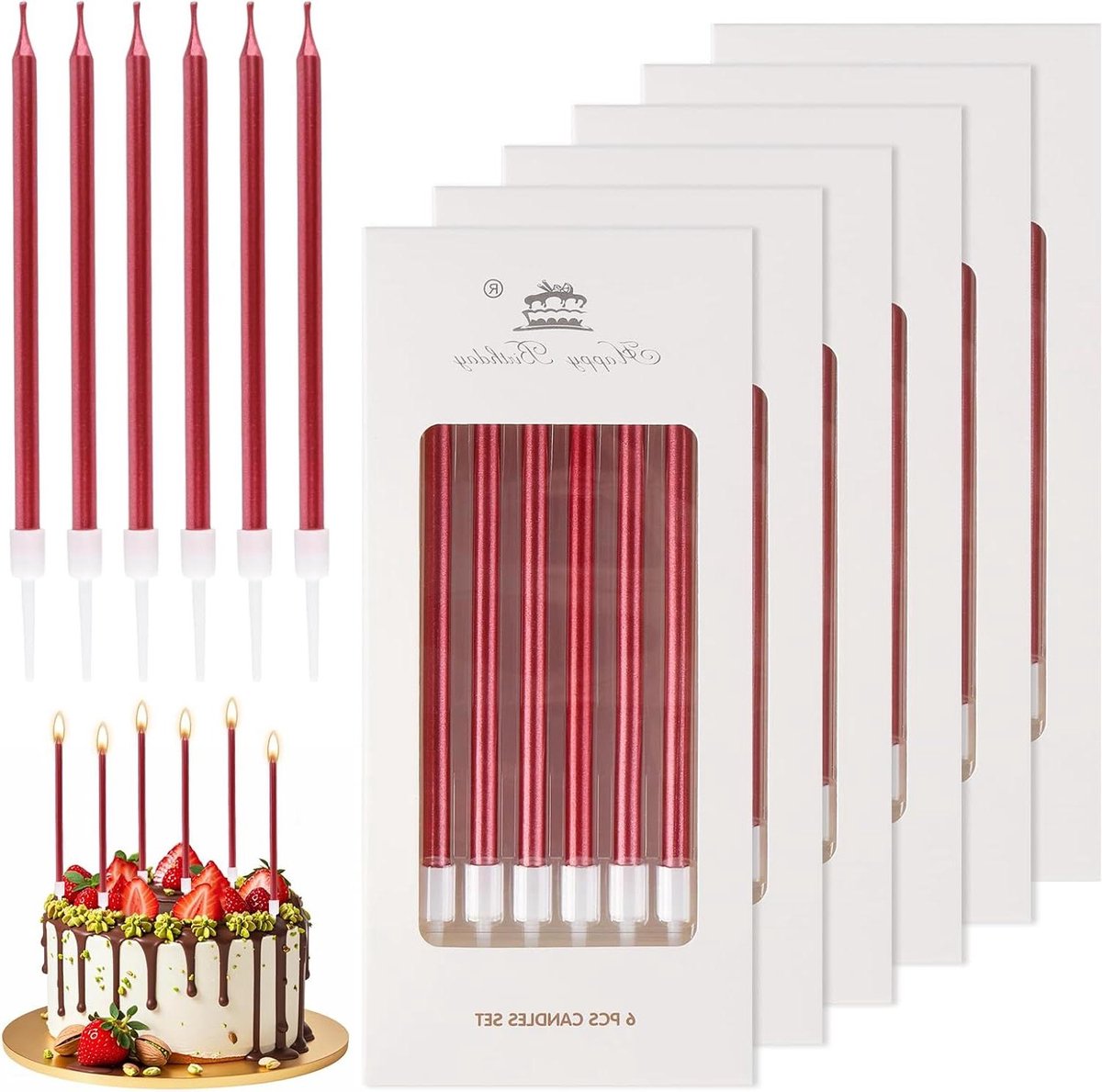 Allecto Plus - Set van 36 dunne verjaardagskaarsen in houders voor taartdecoratie