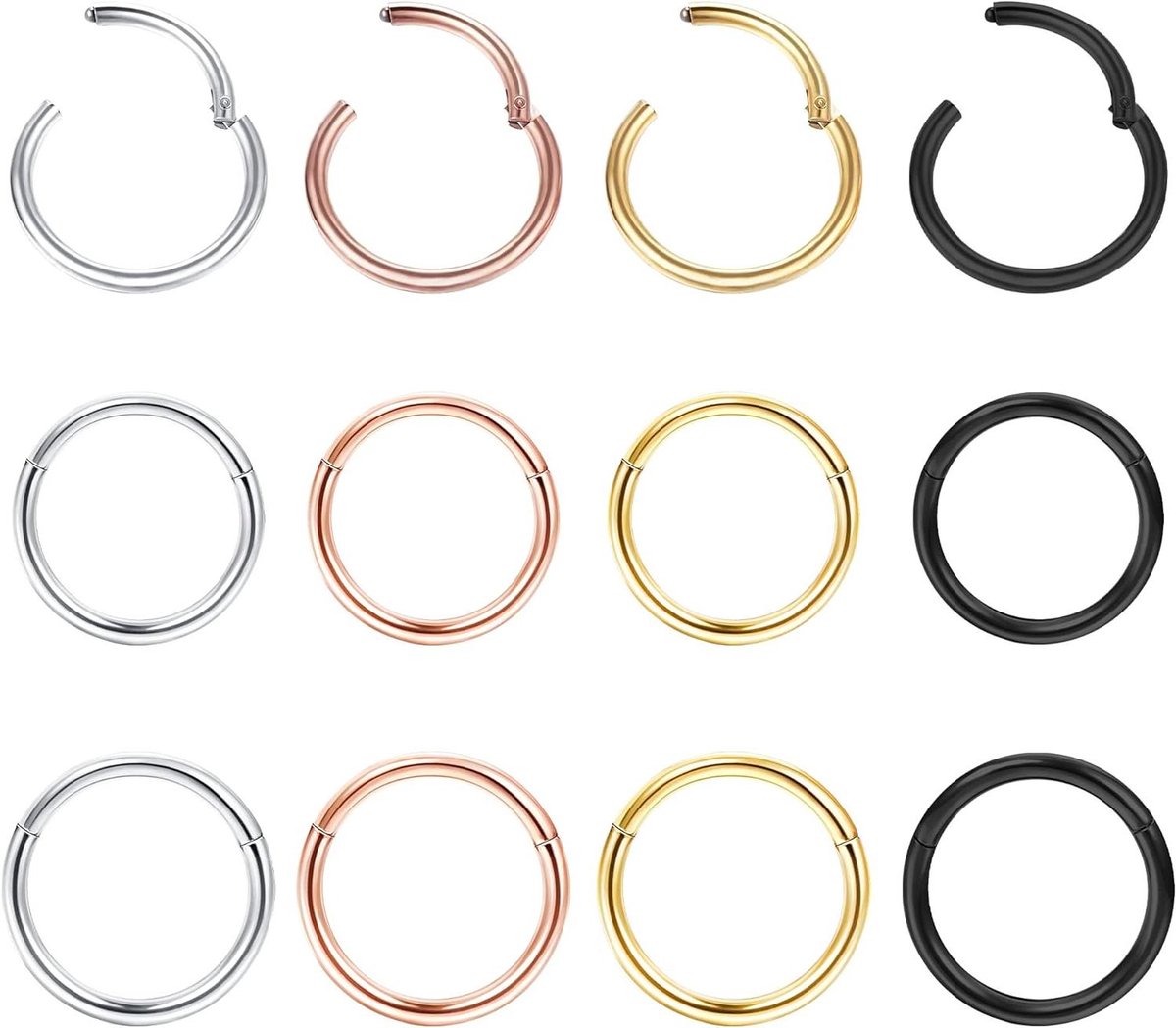 Allecto plus - 12-Pack neusringen van roestvrij staal in zilver, goud en zwart - Hoepelringen voor dames en heren - Helix en daith ringen - Septum oorringen