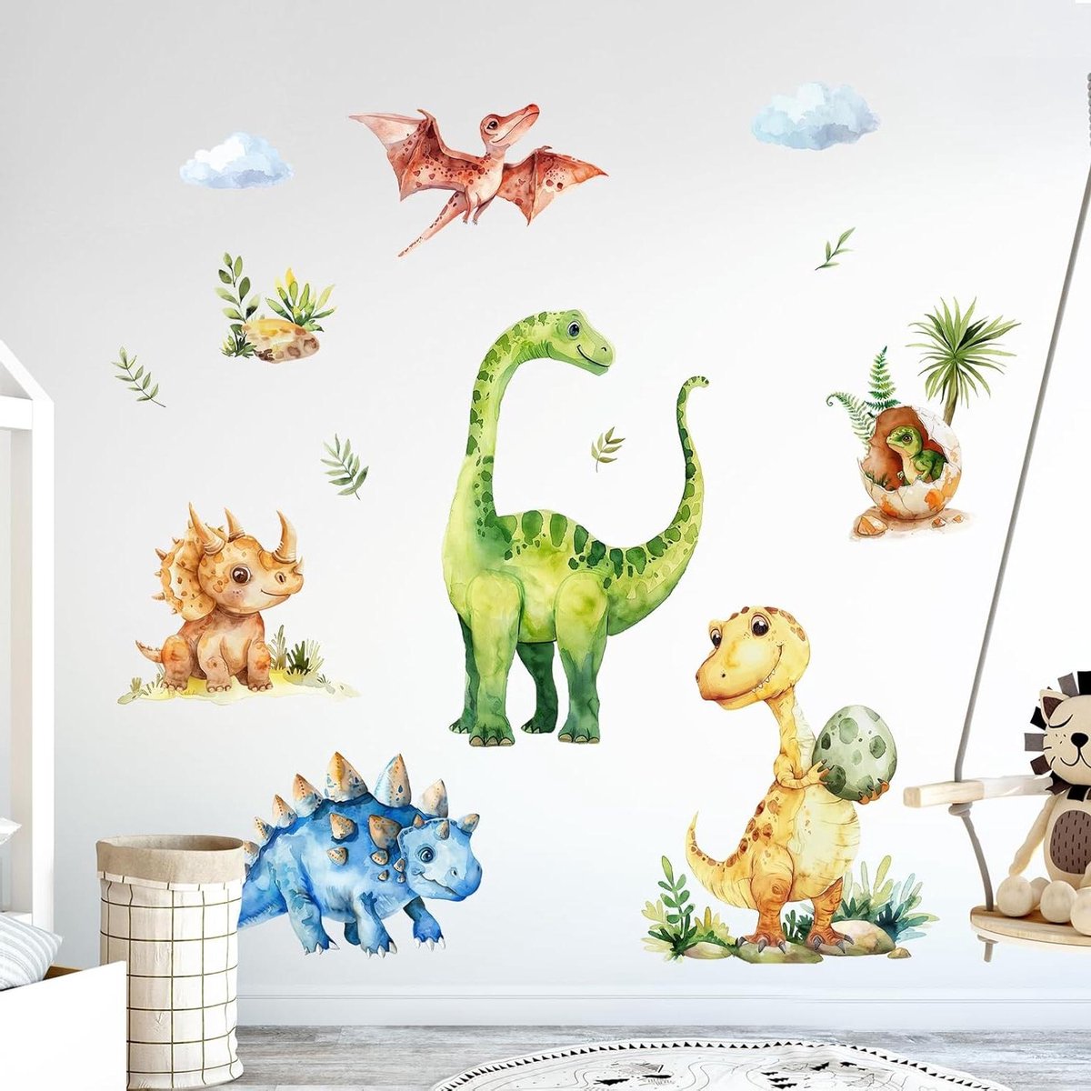 Allecto plus - Dinosaurus Muurstickers Aquarel Tropische Bladeren Baby Nursery Peuter Slaapkamer