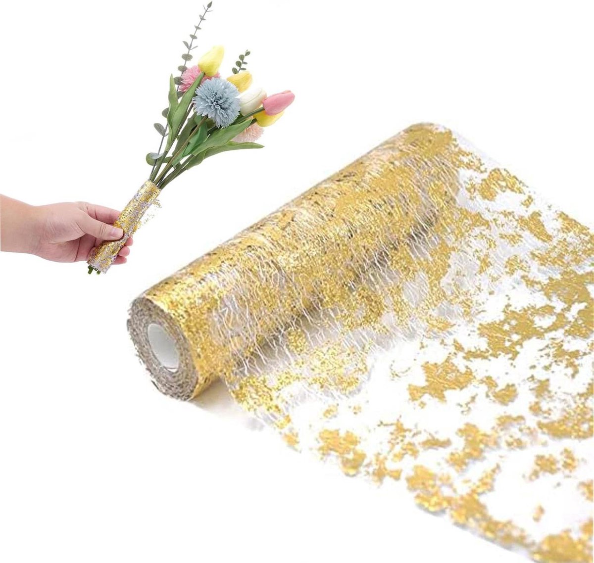 Allecto Premium - Glitter gouden tafelkleed voor bruiloft - Metallic goud - Shiny net - Aluminium folie - 1 stuks