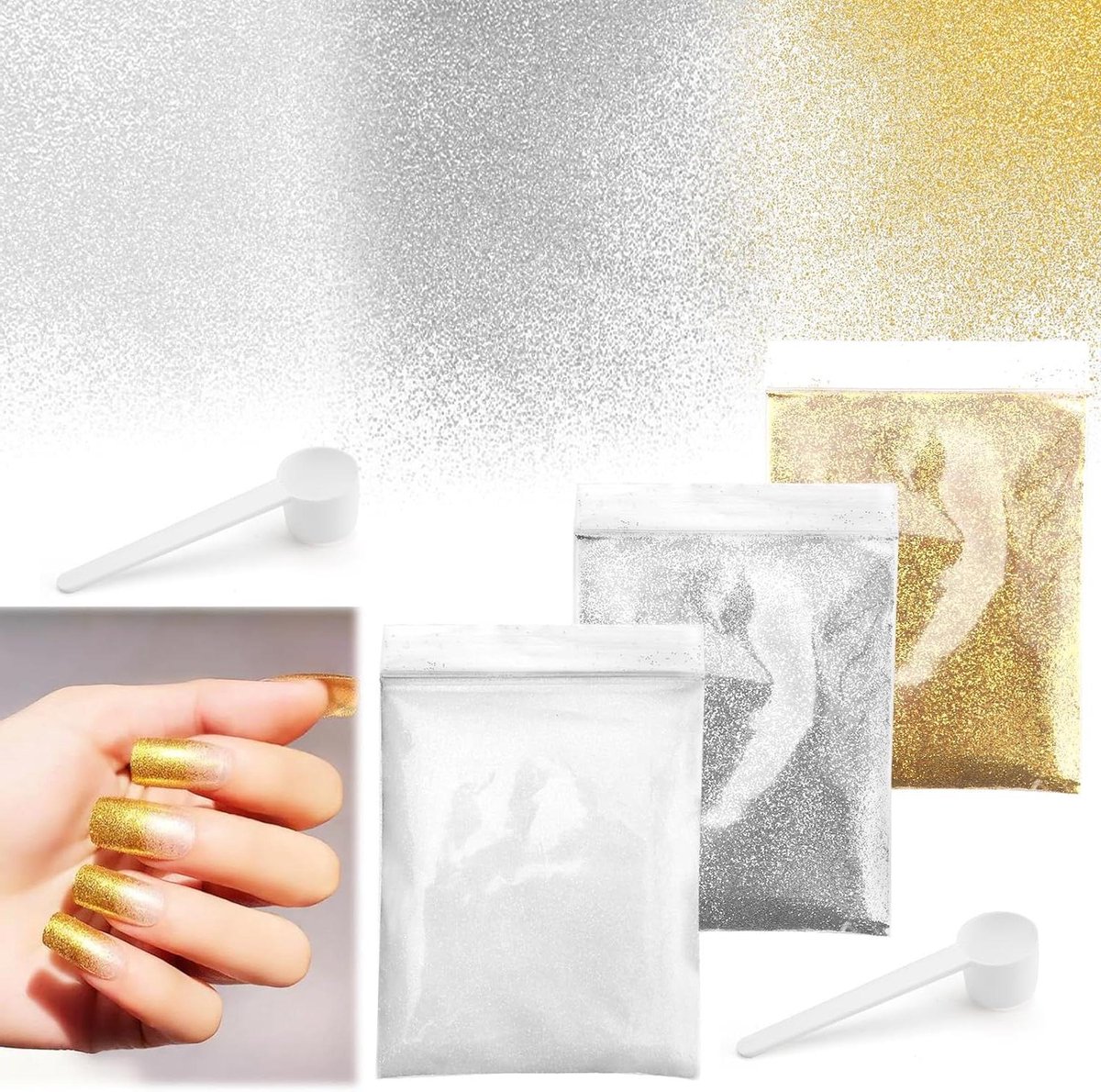 Allecto Premium - Glitterpoeder 60 g voor kerst knutselen - Nagelkunst - Goud Zilver Wit