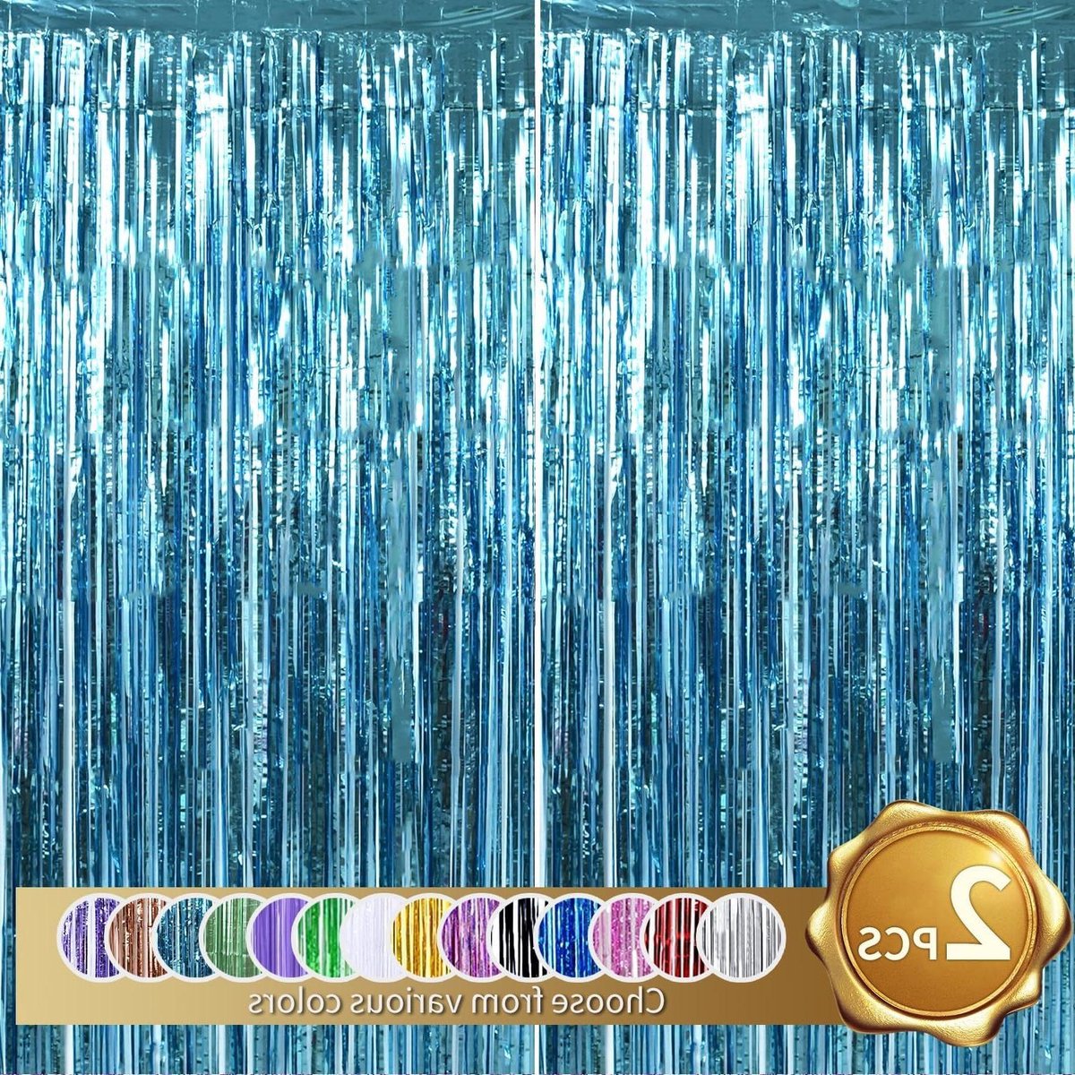 Allecto Premium - Set van 2 Lichtblauwe Folie Fringes 1 x 2 m Metallic Glitter Gordijn voor Verjaardag Bruiloft Baby Shower Kerstfeest Decoratie