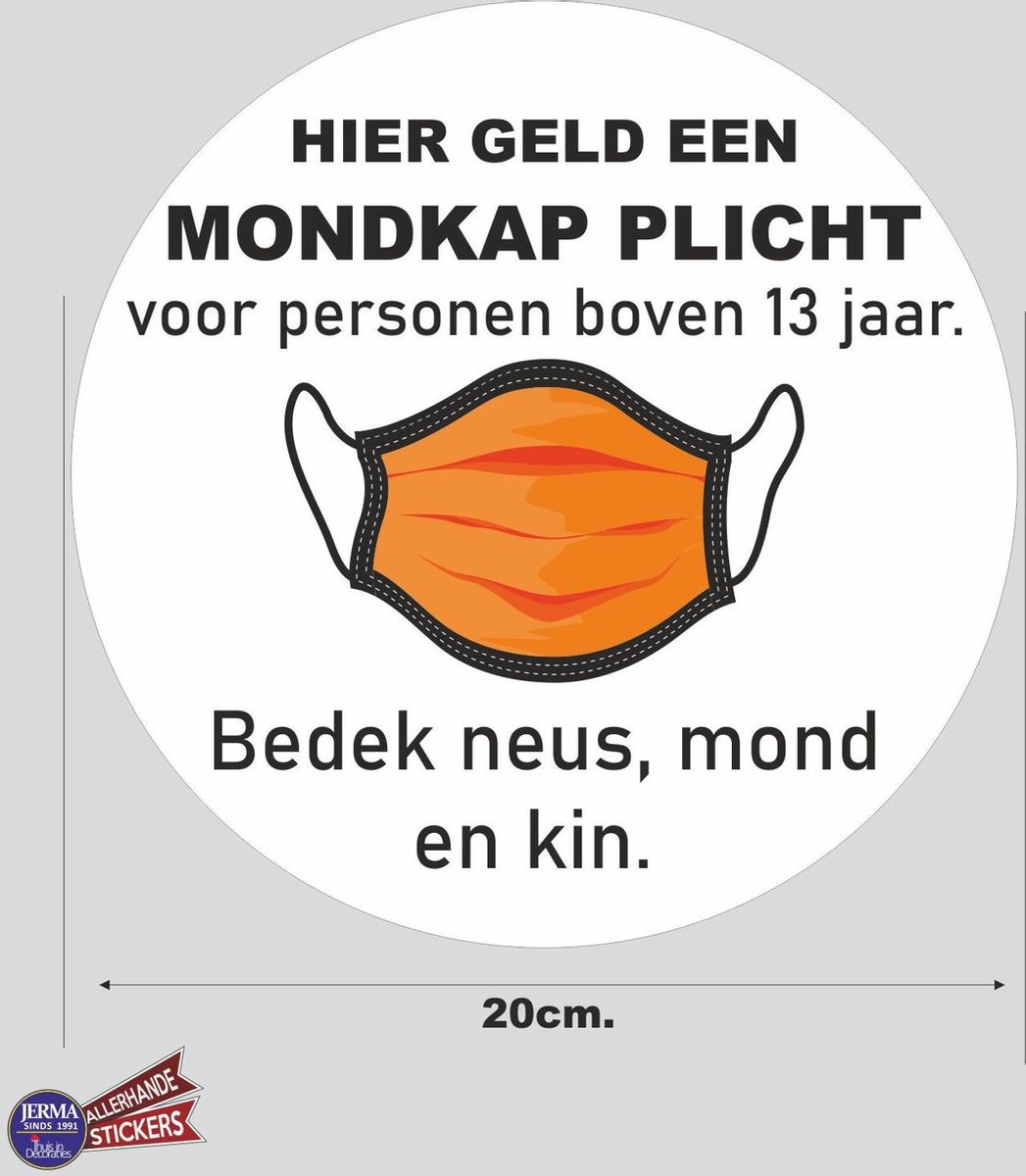 Het dragen van een mondkapje is verplicht sticker 20cm. groot.