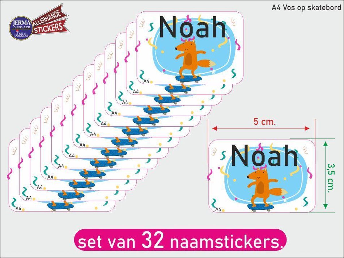 Kinder Naamsticker  Vos op skateboard.