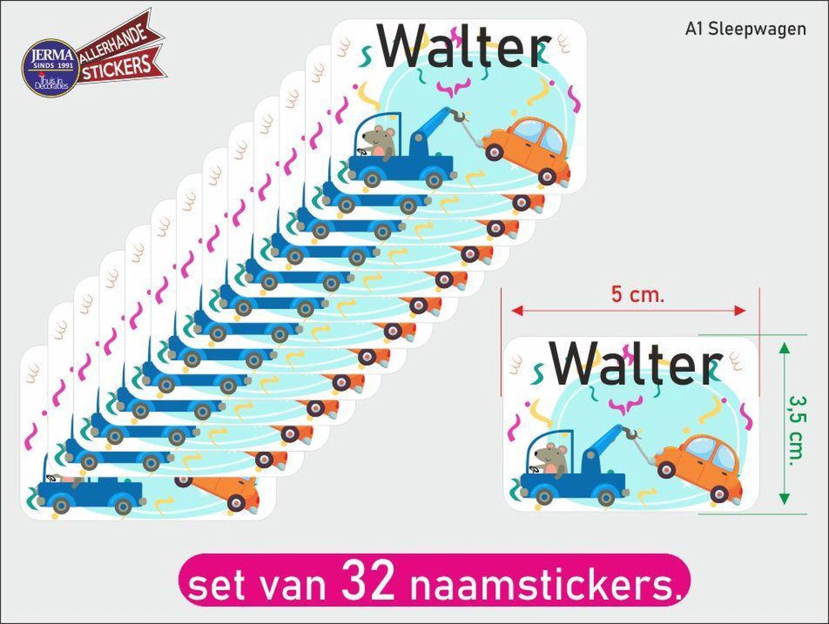 Naamsticker met plaatje sleepauto.  A1