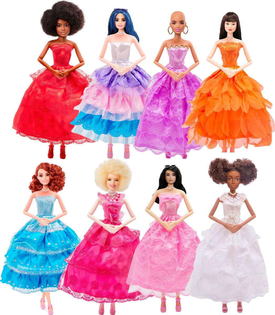 Allerion Barbie Jurkjes Set – 8 stuks – Poppen Kleding - Verschillende kleuren; Roze, Rood, Paars, Blauw – In Opbergzakje – Past door de Brievenbus