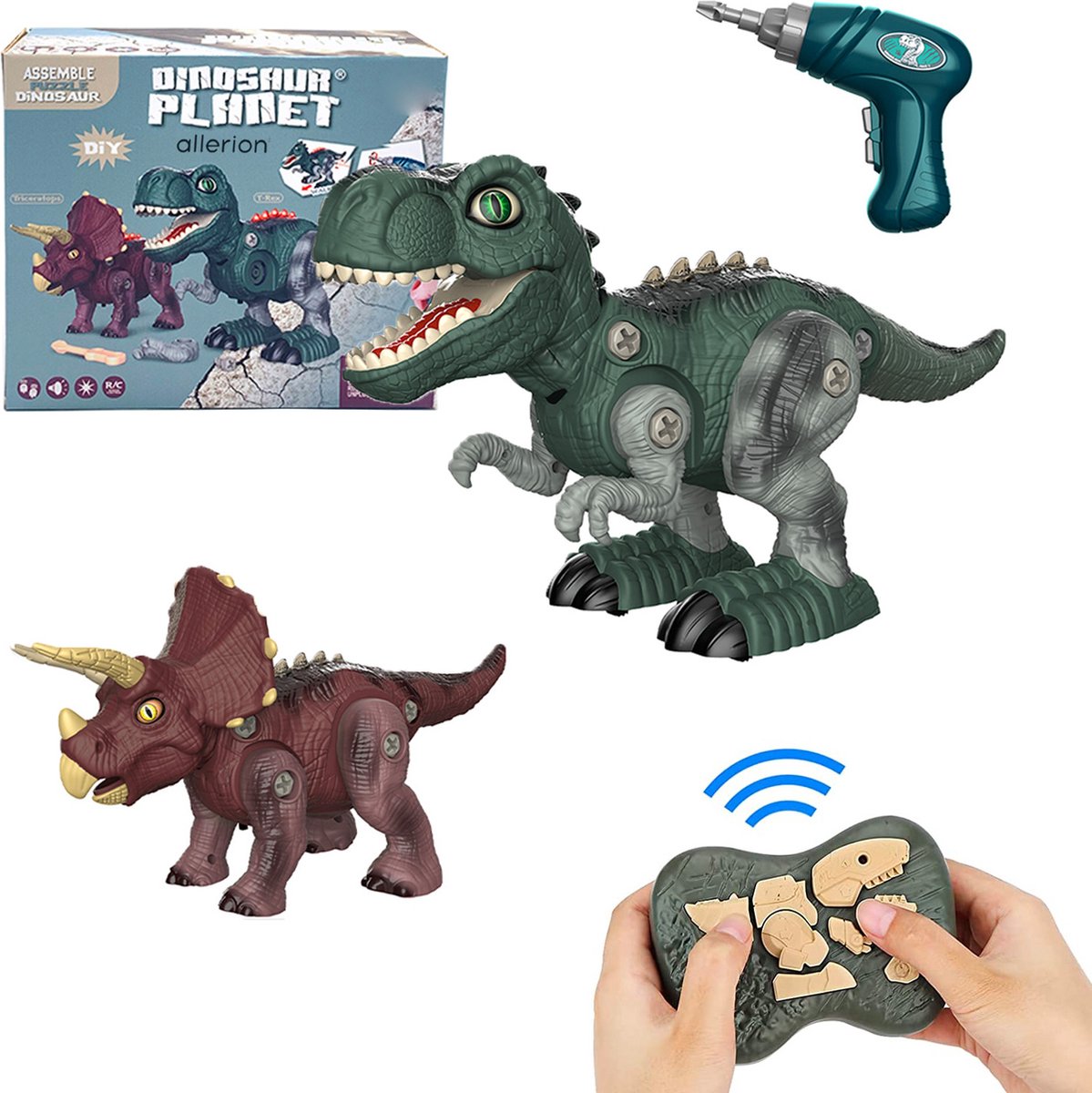 Allerion Dinosaurus 3D Puzzel Set – 2 Dino’s RC – T-Rex en Triceratops - Met Automatische Schroefmachine – Bestuurbare Dino - Bouwpakket