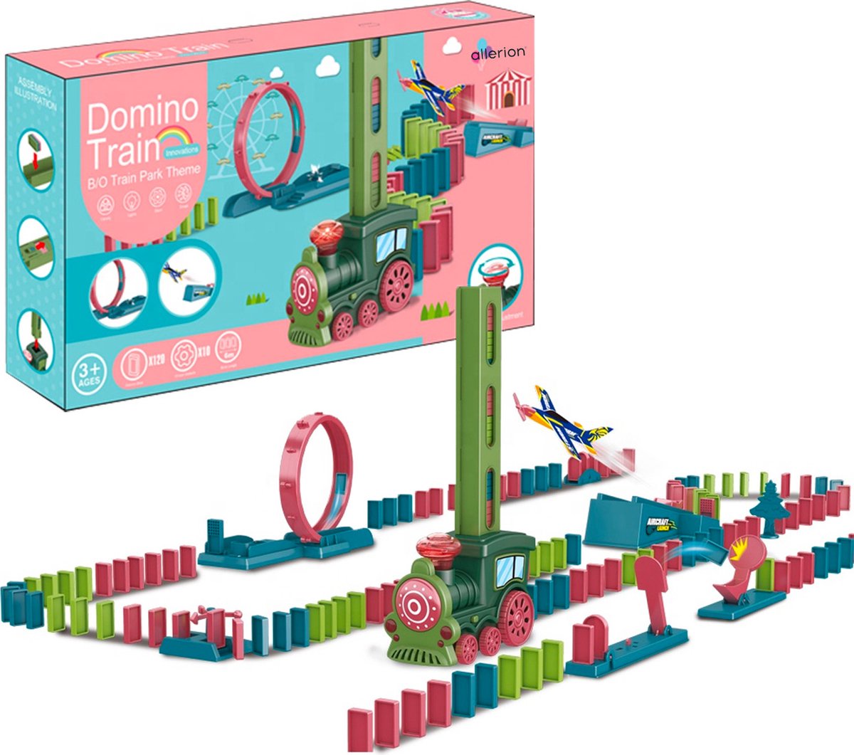 Allerion Domino Set Trein – Domino Stenen Spel voor Kinderen – 120 Dominostenen en 11 Attributen – STEM Speelgoed